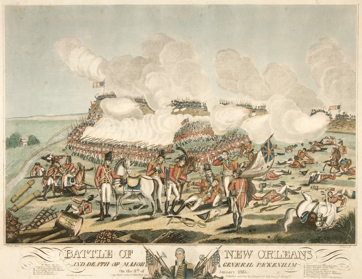 Bitva u New Orleans a smrt generálmajora Packenhama 8. ledna 1815, hospoda. 1815 (barevná rytina) od American School