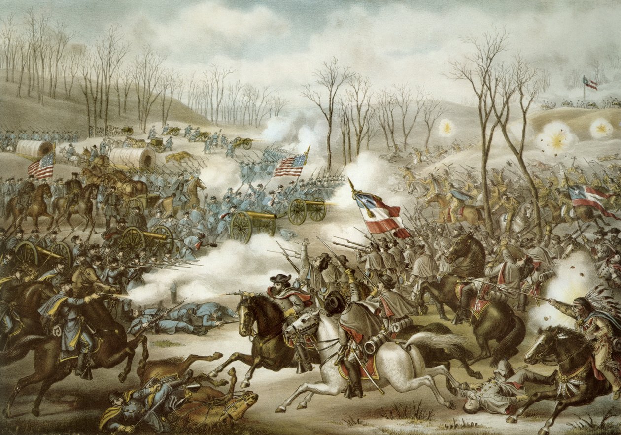Battle of Pea Ridge, Arkansas, 6.-8. března, vyryto Kurzem & Allisonem (barevně lito) od American School