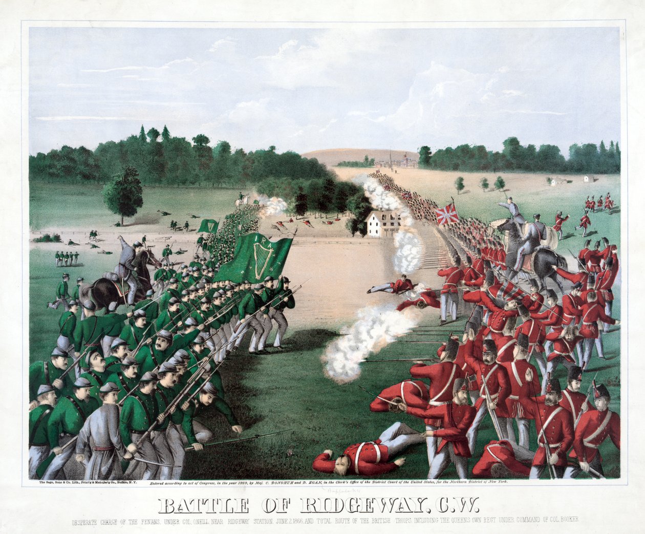 Battle of Ridgeway, C.W., hospoda. 1869 (barevná rytina) od American School