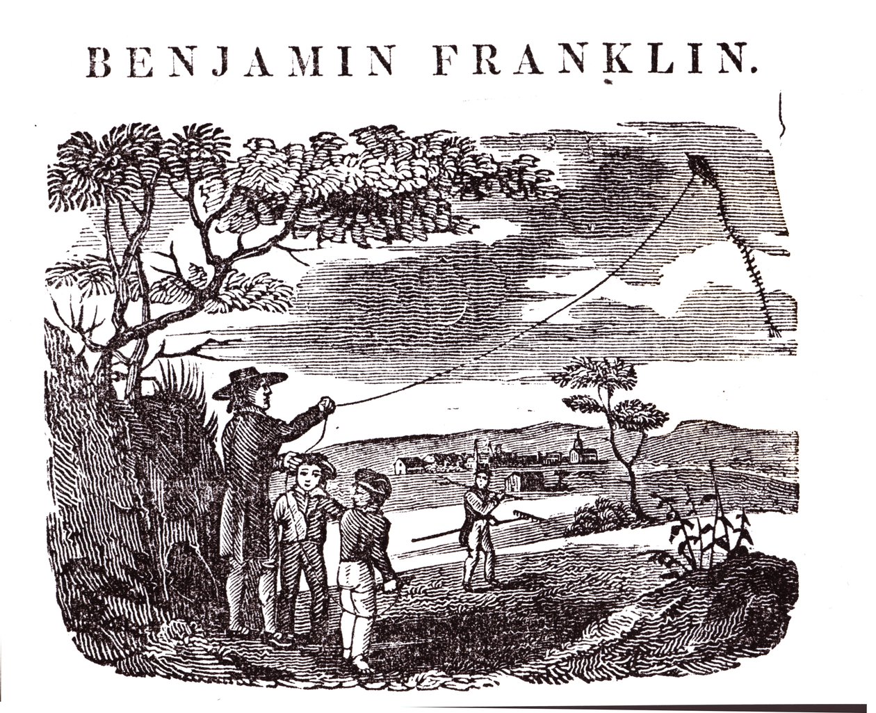 Benjamin Franklin (1706-90) provádí svůj Kite Experiment od American School