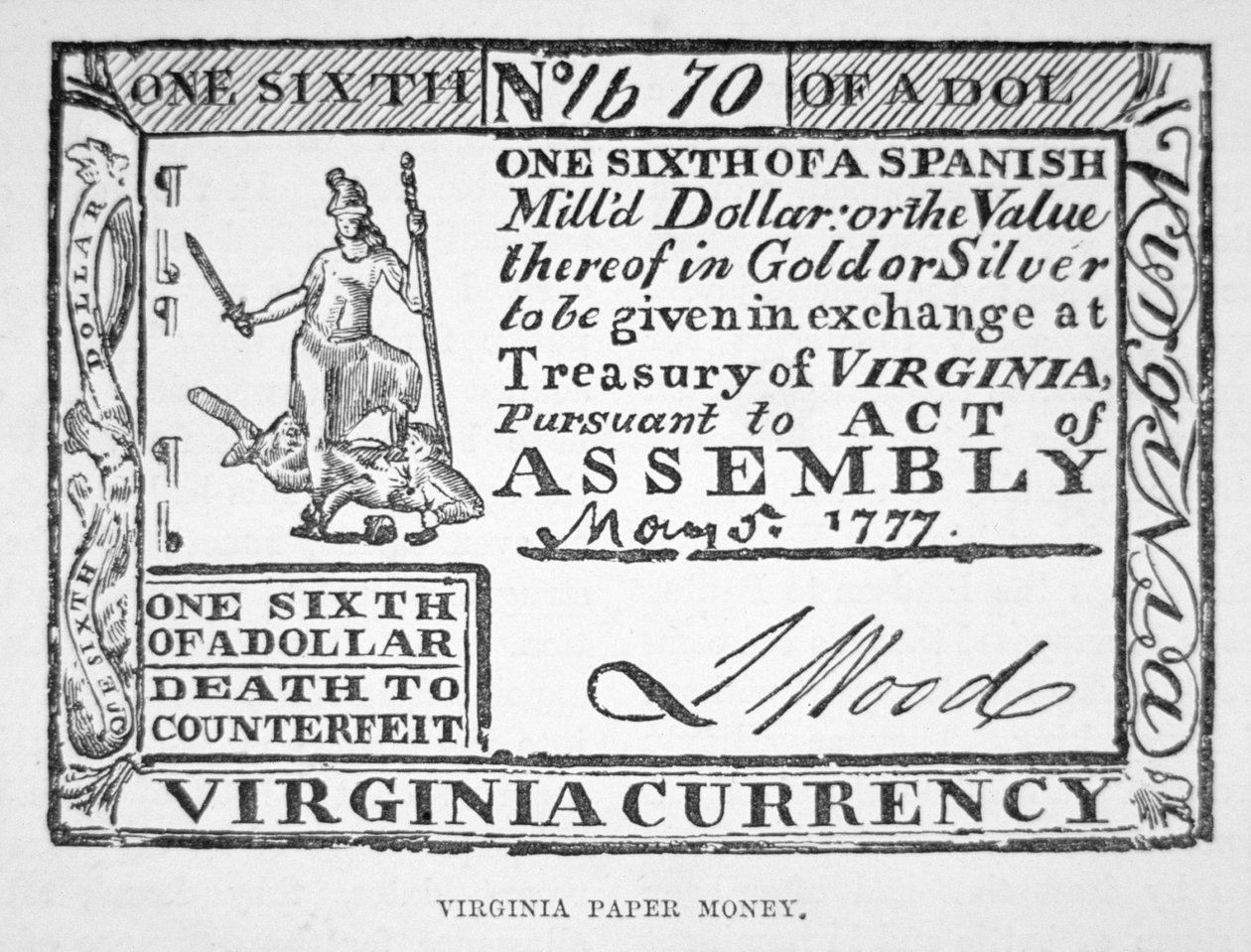 Účet za jednu šestinu dolaru, virginské papírové peníze z roku 1777 (litho) od American School