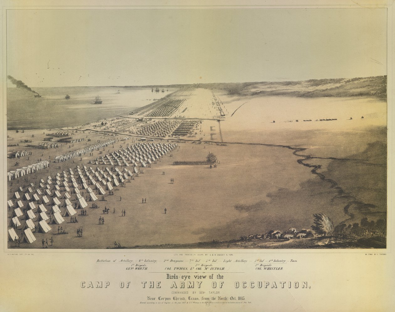 Pohled z ptačí perspektivy na tábor okupační armády, tisk G & W Endicott, New York, 1847 od American School