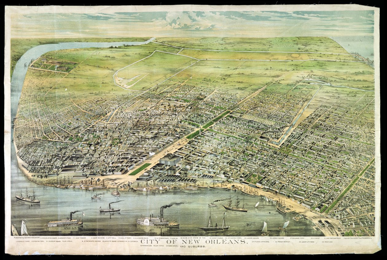 Pohled z ptačí perspektivy na New Orleans a předměstí, 1873 od American School