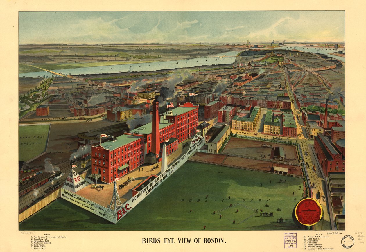 Pohled z ptačí perspektivy na Boston, kolem roku 1902 (barevné lito) od American School