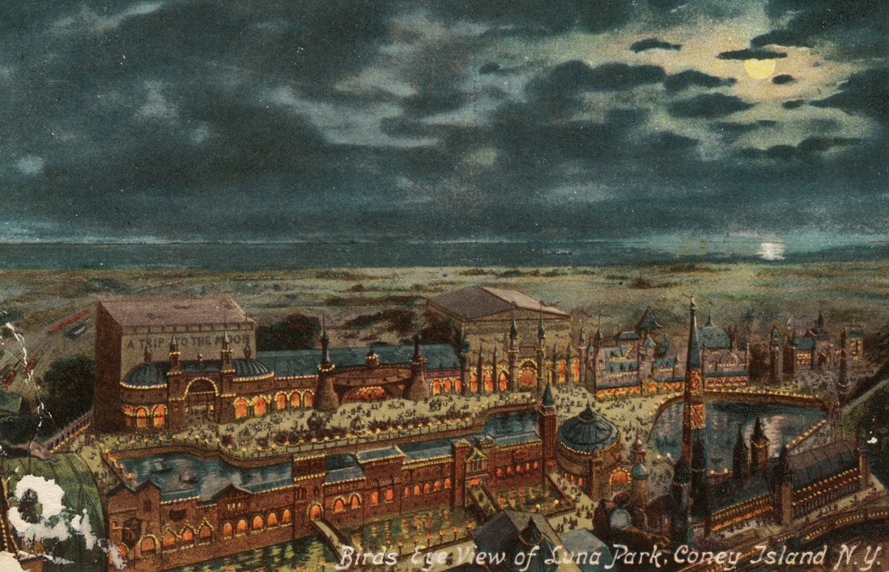 Pohled z ptačí perspektivy na Luna Park, Coney Island, New York, cca 1900 od American School