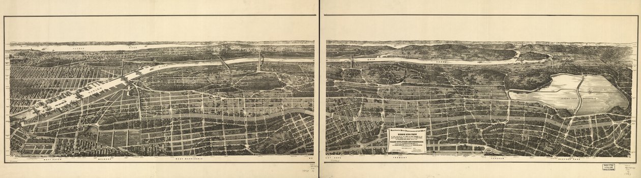 Pohled z ptačí perspektivy na tu část 23. a 24. okrsku města New York, ležící západně od New York a Harlem Railroad a na Grand Boulevard a Concourse spojující ostrov Manhattan se systémem parků severně od řeky Harlem od American School