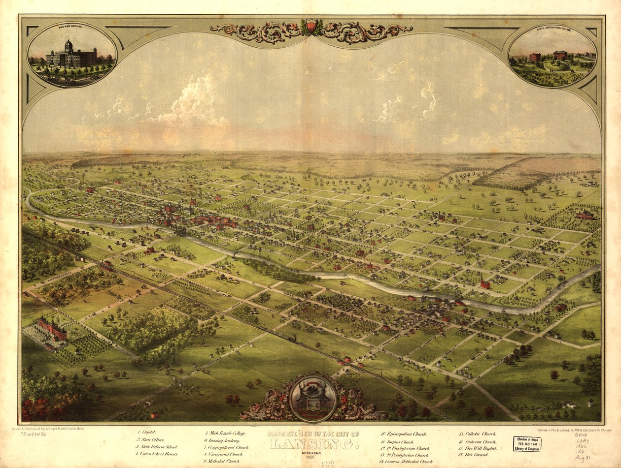 Pohled z ptačí perspektivy na město Lansing, Michigan 1866 (barevné lito) od American School