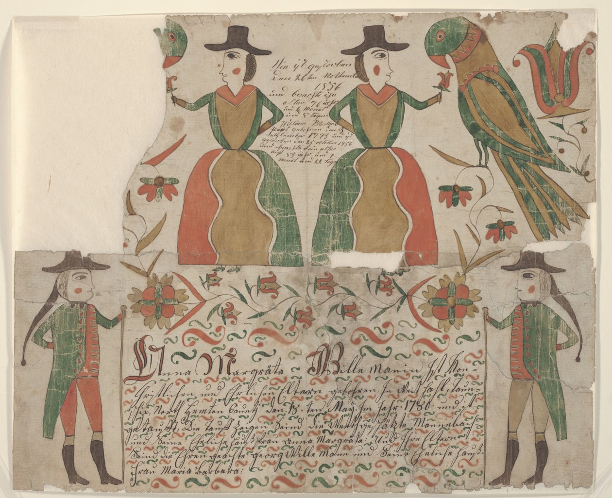 Rodný a křestní list pro Annu Margrätu Willeman, Fraktur Painting, cca 1810 (pero a inkoust s wc na papíře) od American School