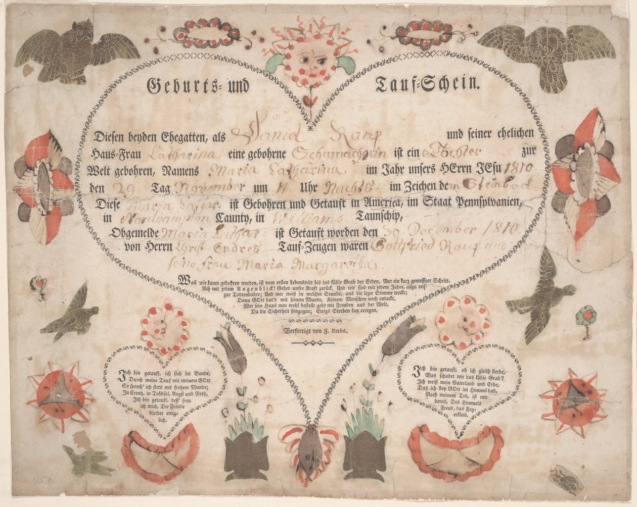 Rodný a křestní list (Geburts und Taufschein) pro Marii Catharinu Raup c.1806 (pero a inkoust s akvarelem na papíře) od American School