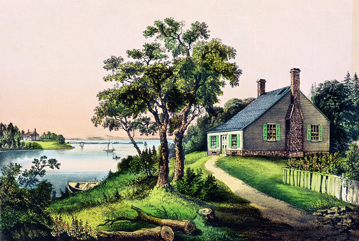 Místo narození George Washingtona v Bridges Creek, Westmoreland County, Virginia, 22. února 1732, publikoval Currier a Ives od American School