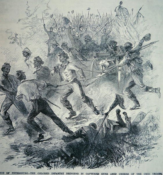 Černé jednotky armády Unie přinášejí ukořistěné zbraně během obléhání Petrohradu (1864–65) (litho) od American School