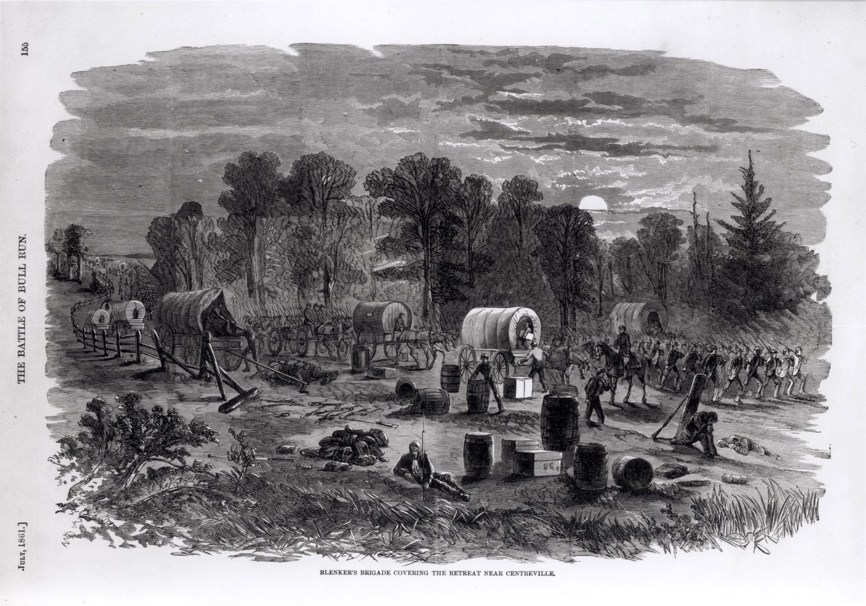 Blenkerova brigáda pokrývající ústup poblíž Centreville, červenec 1861, z „Harperovy obrázkové historie občanské války“, 1861 od American School