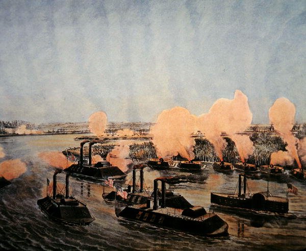 Bombardování a dobytí ostrova „Číslo deset“ na řece Mississippi, 7. dubna 1862, vydal Currier & Ives (barevné lito) od American School