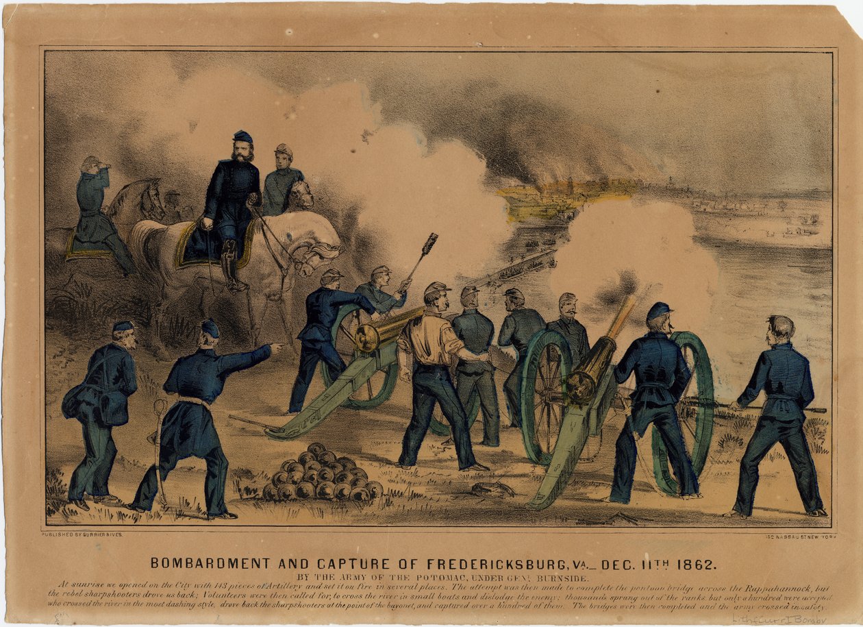 Bombardování a dobytí Fredericksburgu, Va. 11. prosince 1862, pub. od Currier & Ives, kolem roku 1862 od American School