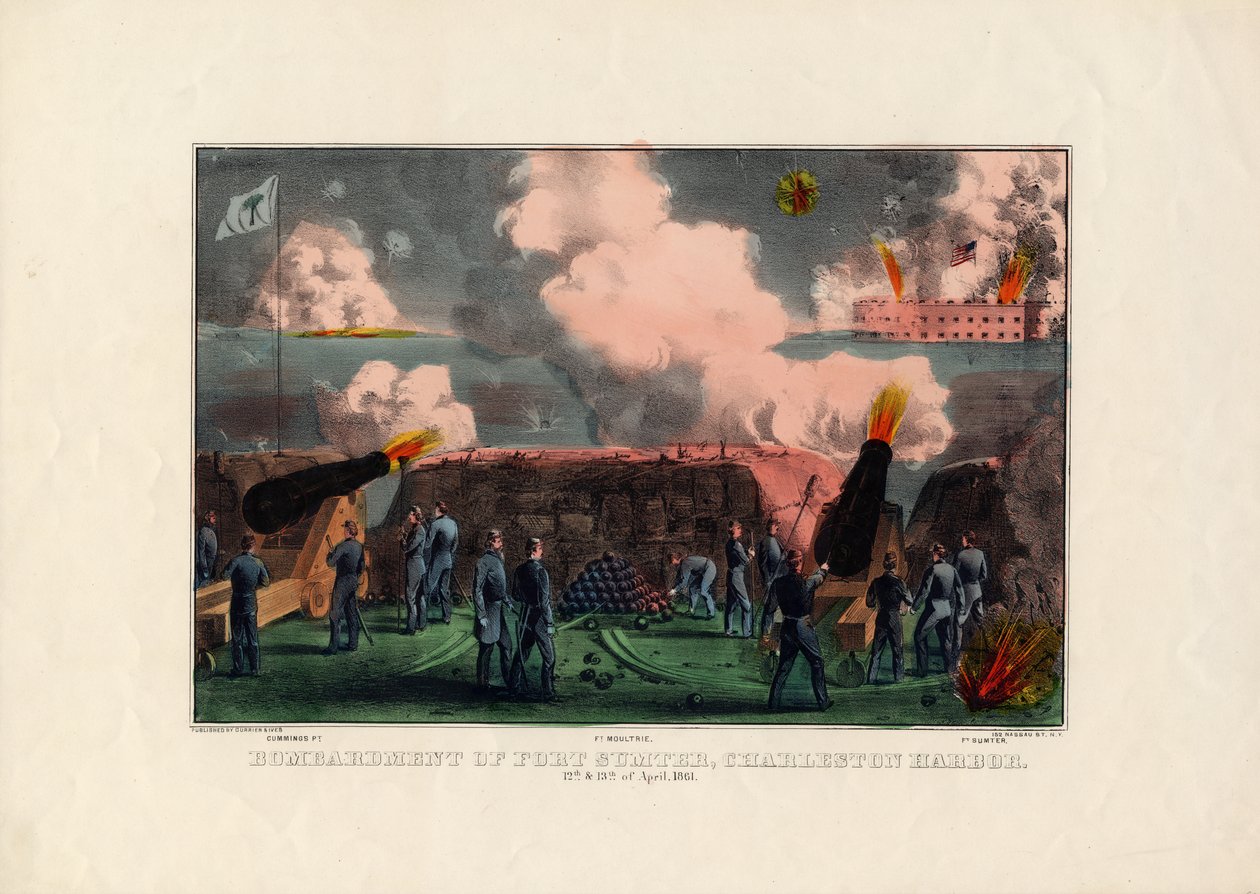 Bombardování Fort Sumter, Charleston Harbor, 12. a 13. dubna 1861, hospoda. od Currier & Ives, kolem roku 1861 od American School