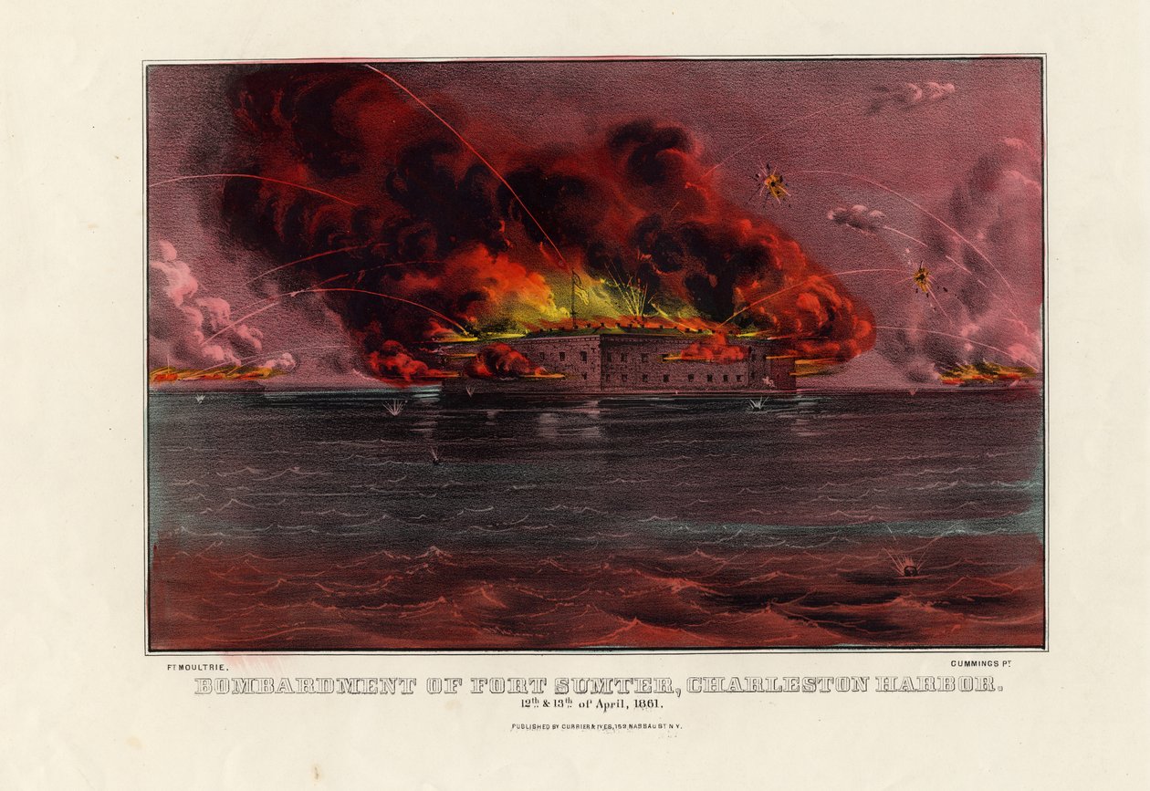 Bombardování Fort Sumter, Charleston Harbor, 12. a 13. dubna 1861, hospoda. od Currier & Ives, kolem roku 1861 od American School