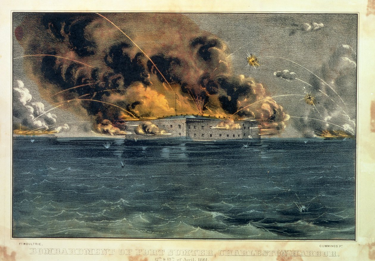 Bombardování Fort Sumter, Charleston Harbour, 12. a 13. dubna 1861, pub. od Currier und Ives od American School