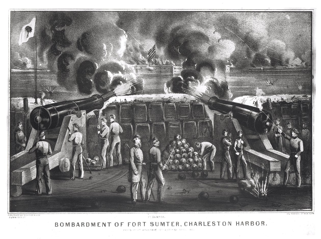 Bombardování Fort Sumter, Charleston Harbor z Fort Moultrie, 12. a 13. dubna 1861, pub. od Curriera a Ivese od American School