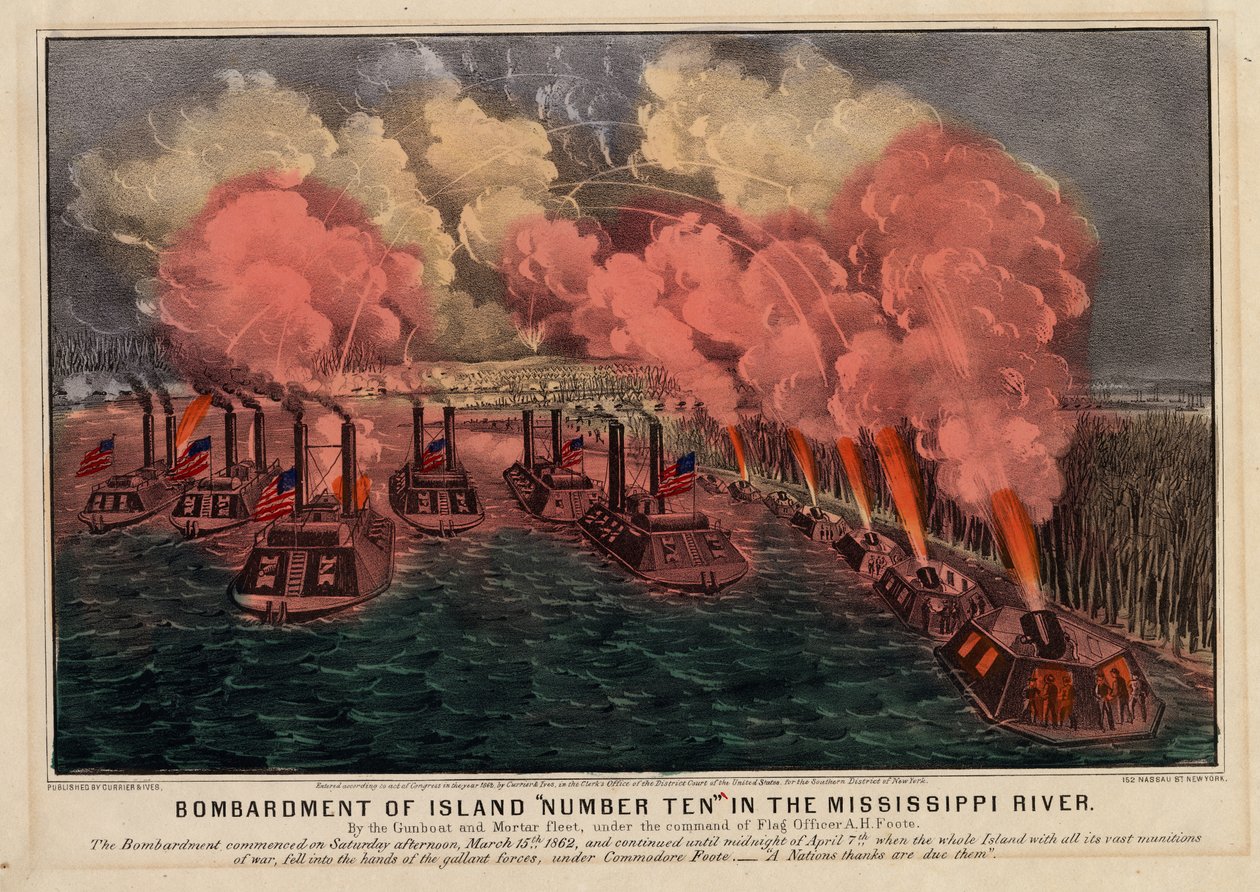 Bombardování ostrova číslo deset v řece Mississippi, hospoda. od Currier & Ives, 1862 od American School