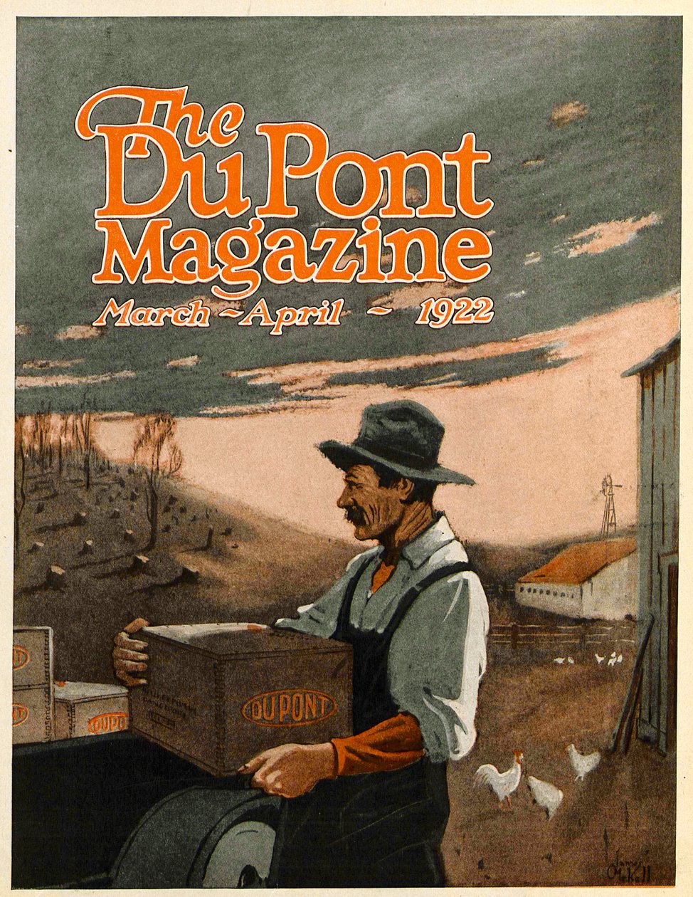 Vyvrtávací stroje a výbušniny Twin Helpers, přední strana časopisu DuPont, březen-duben 1922 od American School
