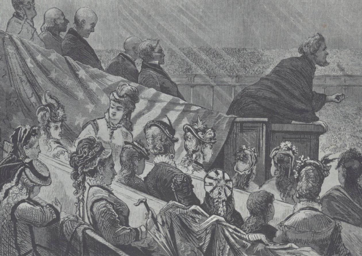 Brigham Young sledoval jeho mnoho mladých manželek při kázání ve Velkém mormonském svatostánku v Utahu od American School