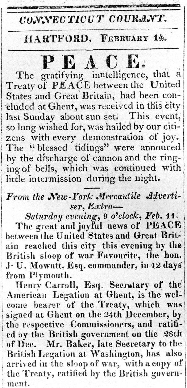 Brožurka oznamující mír mezi USA a Velkou Británií po válce z roku 1812, otištěná v Connecticut Courant, 1815 (tisk) od American School