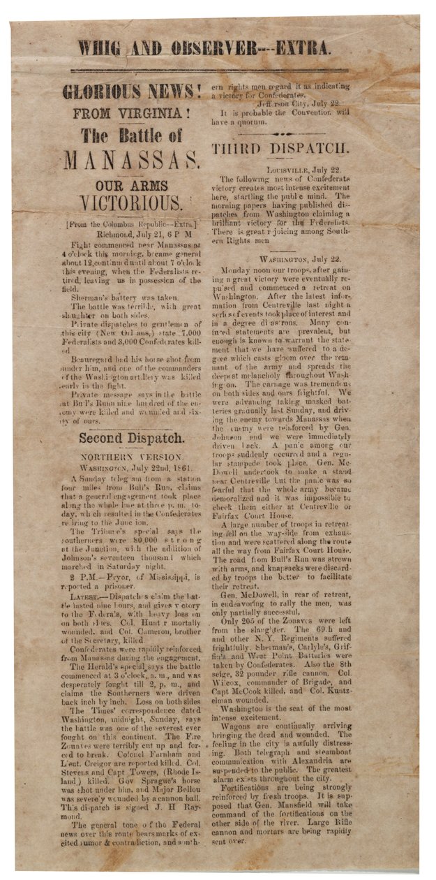 Broadside oznamující první bitvu o Manassas, Whig a Observer Extra, po 22. červenci 1861 od American School