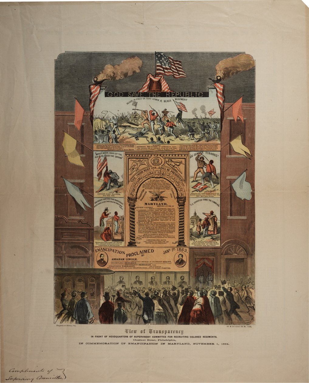 Broadside ohledně náboru Afroameričanů a oslav emancipace v Marylandu, Ringwalt & Brown (fl. 1863-1865), kolem 1. listopadu 1864 (viz také GLC 696015, 696016 & 696017) od American School