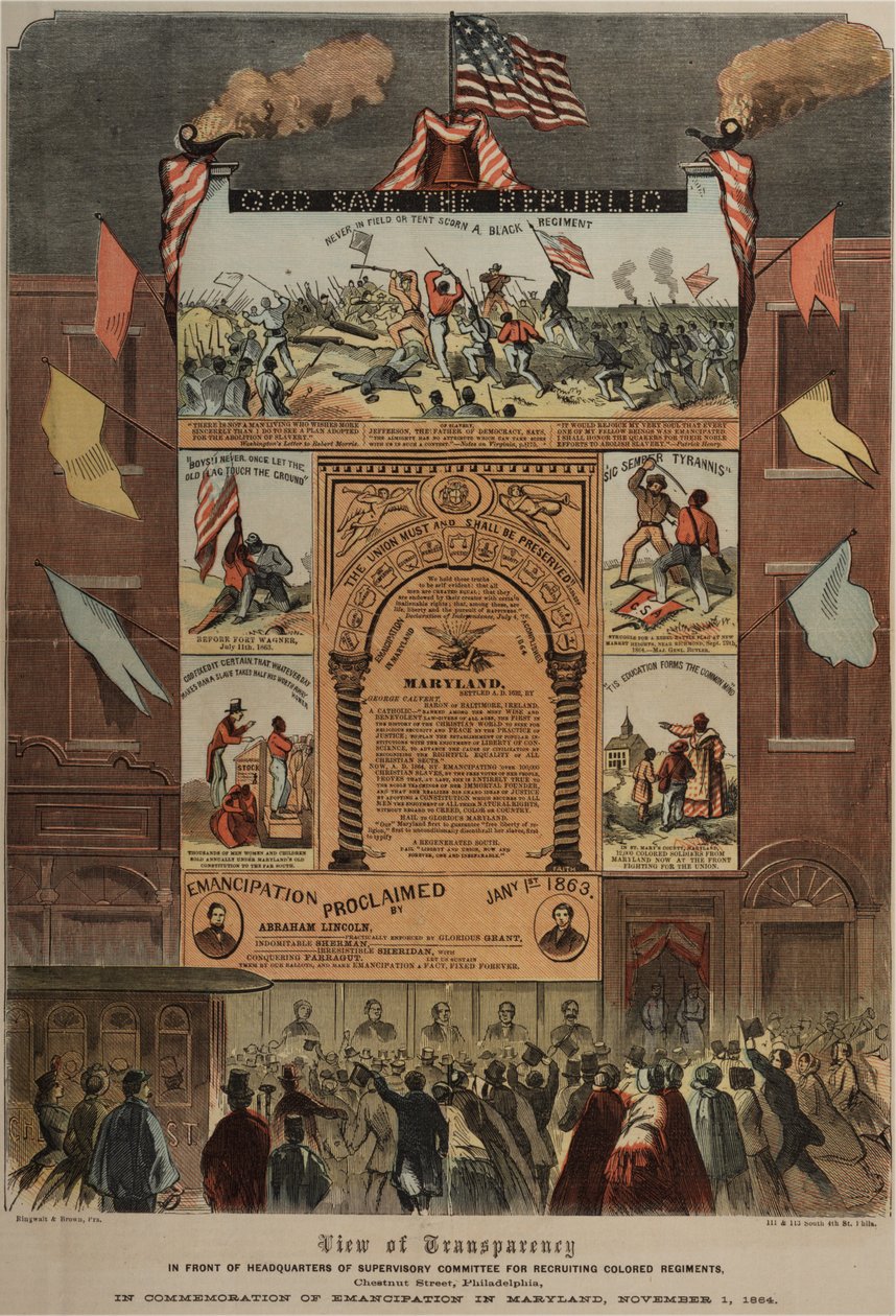 Broadside týkající se náboru Afroameričanů a oslav emancipace v Marylandu, Ringwalt & Brown (fl. 1863-1865), kolem 1. listopadu 1864 (viz také GLC 696014, 696016 & 696017) od American School