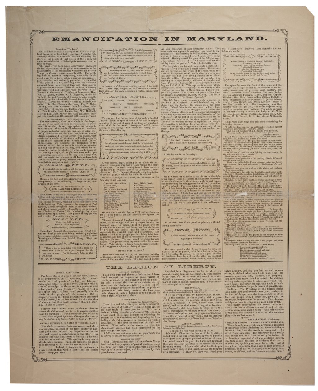 Broadside týkající se náboru Afroameričanů a oslav emancipace v Marylandu, Ringwalt & Brown (fl. 1863-1865), kolem 1. listopadu 1864 (viz také GLC 696014, 696015 & 696017) od American School