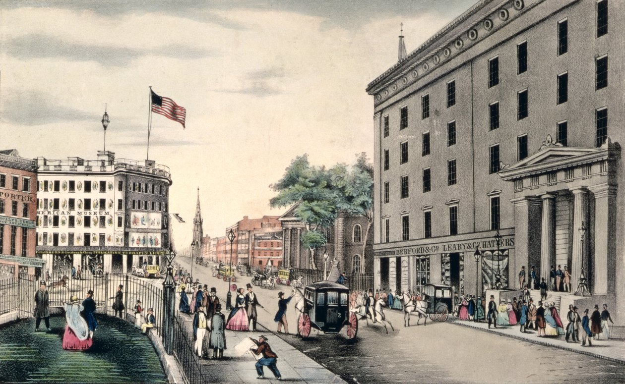Broadway New York, jižně od parku, ryté a hospoda. Nathaniel Currier (1813-88) New York, od American School