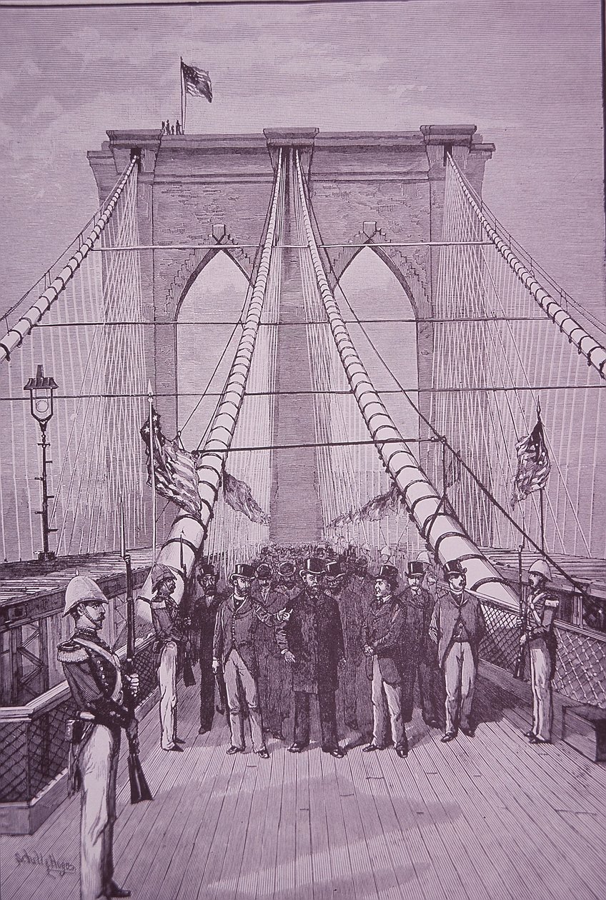 Brooklyn Bridge, prezident Arthur na slavnostním zahájení, 24. května 1883 (rytina) od American School