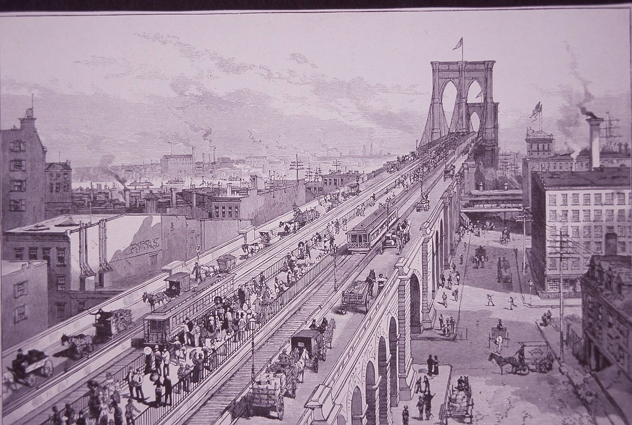 Brooklyn Bridge těsně po slavnostním zahájení, publikoval 26. května 1883 (rytina) od American School