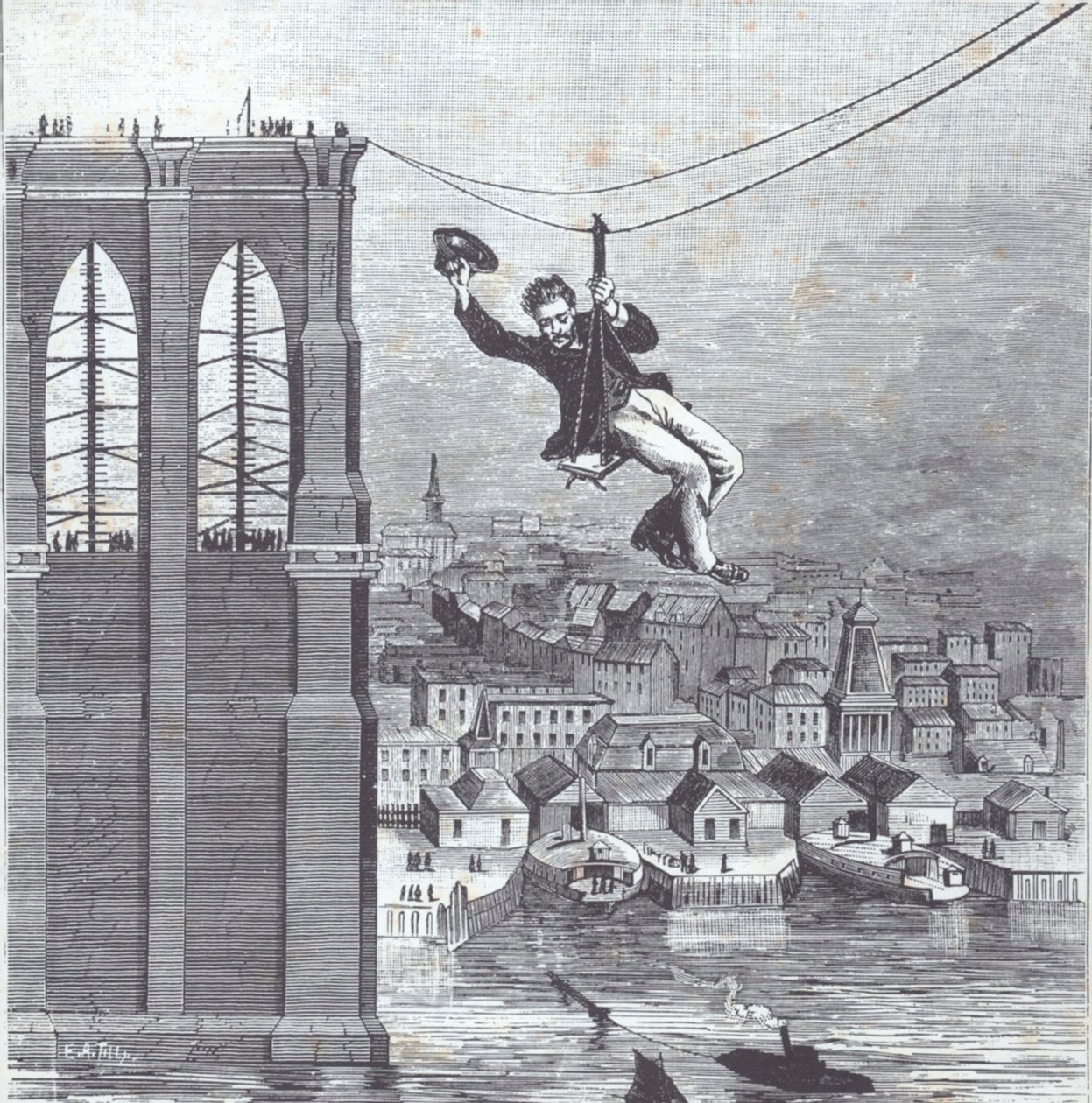 Brooklynský most ve výstavbě; Pan Farrington, hlavní stavební dozor, je první, kdo 25. srpna 1876 překročí rozpětí mezi dvěma pylony (rytina) od American School