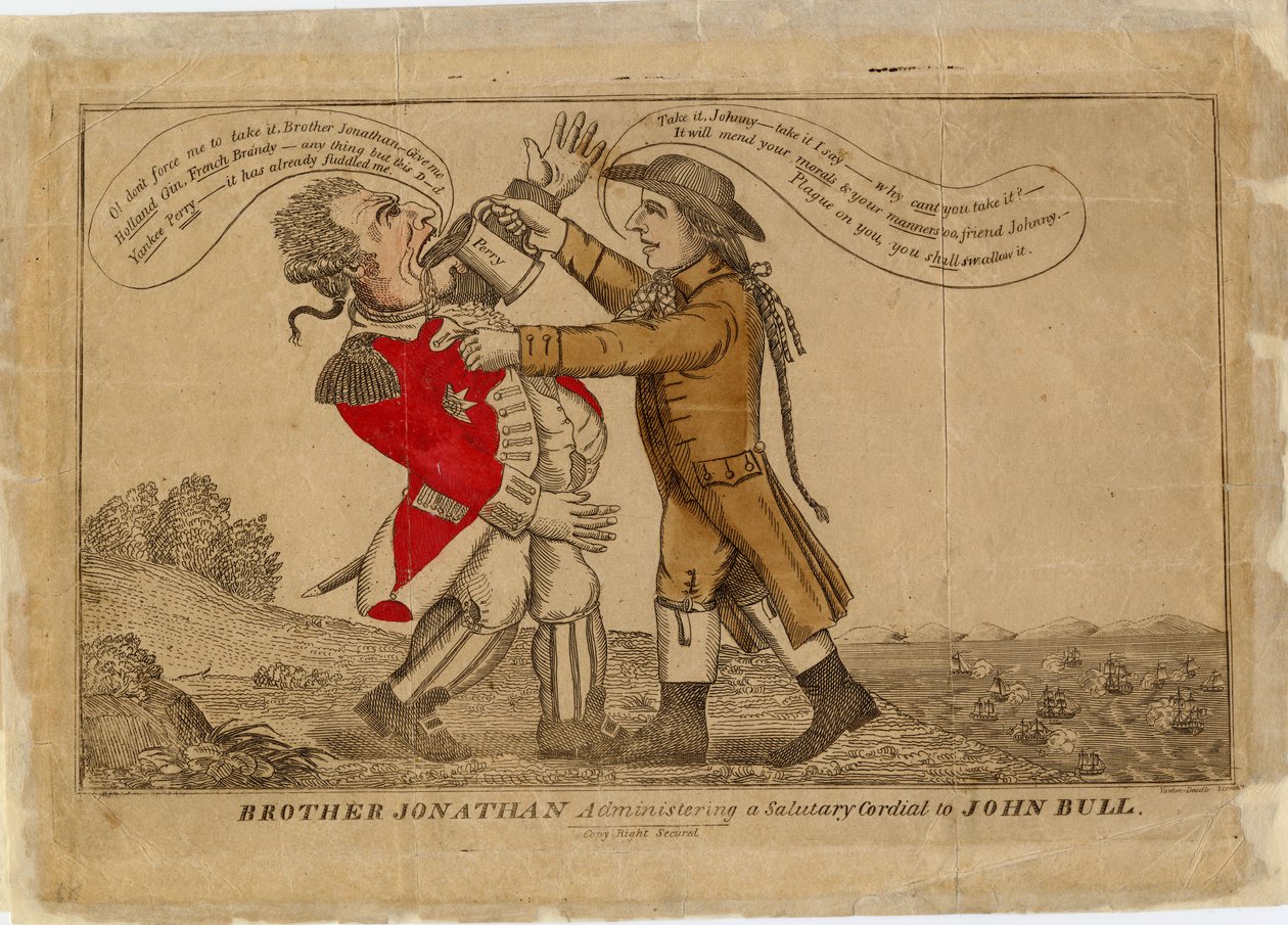 Bratr Jonathan podává pozdravný srdečný dopis Johnu Bullovi, 1813 (ručně kolorovaná rytina) od American School