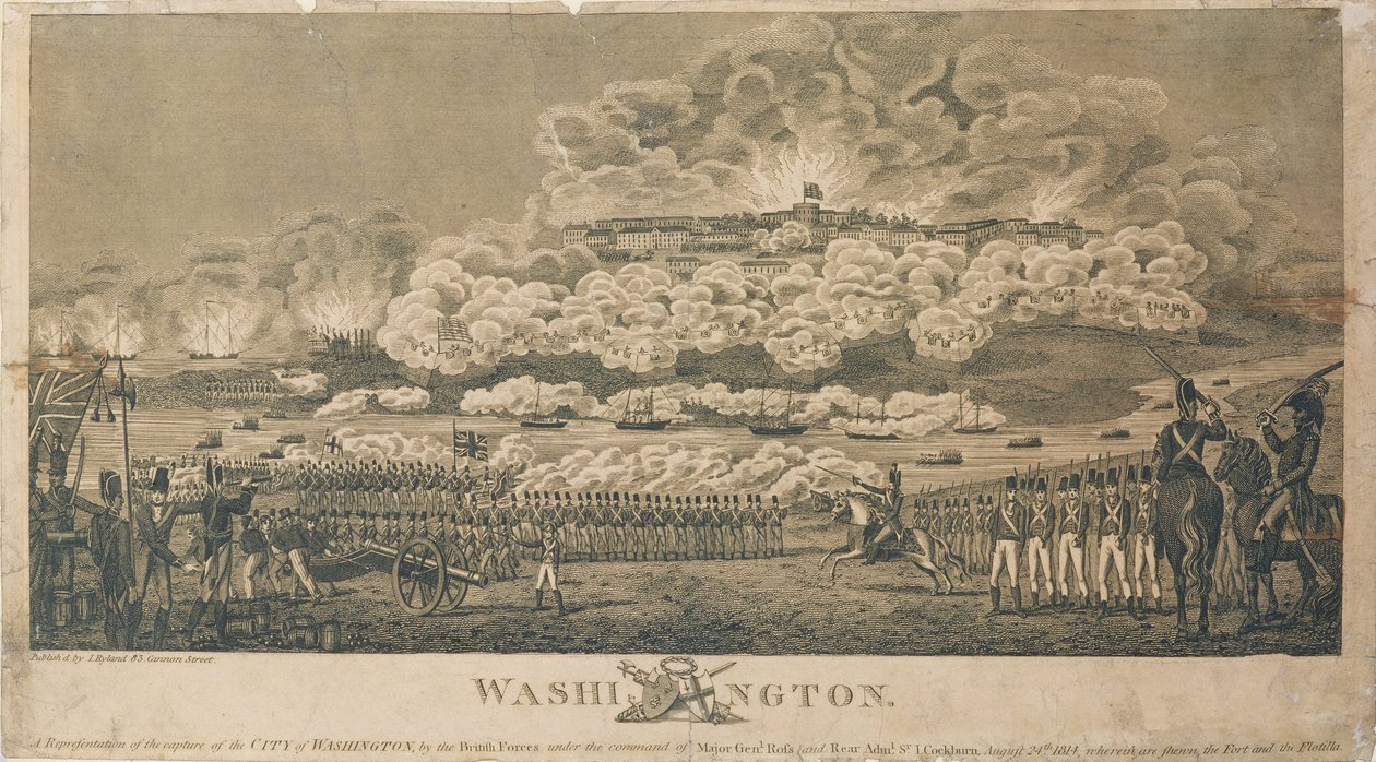 Vypálení Washingtonu Brity, 24. srpna 1814, vydal I. Ryland od American School