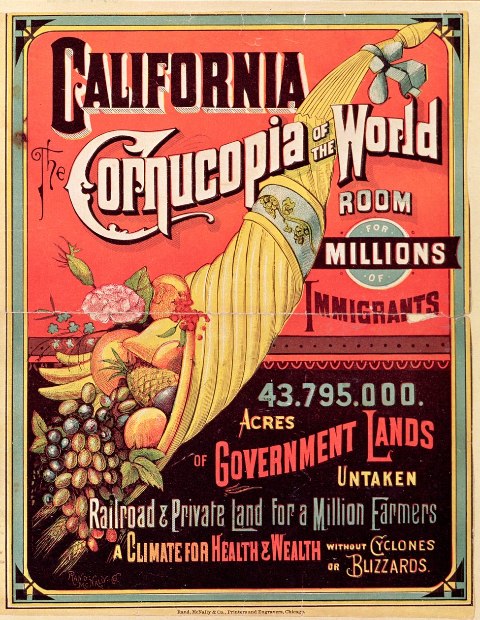 California, Cornucopia of the World, publikoval Rand McNally & Co., kolem roku 1870 od American School