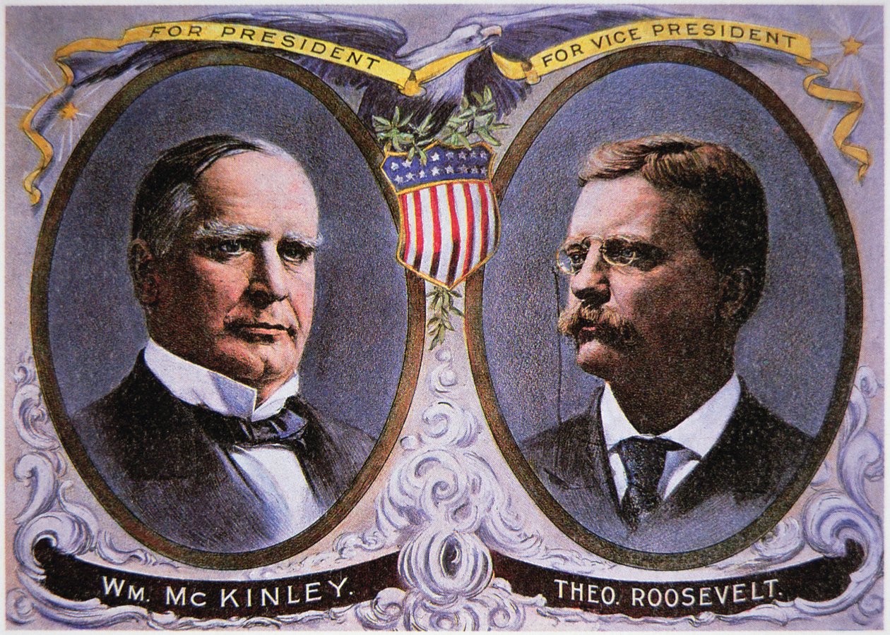 Plakát kampaně pro Williama Mckinleyho (1843-1901) jako prezidenta a Theodora Roosevelta (1858-1919) jako viceprezidenta od American School