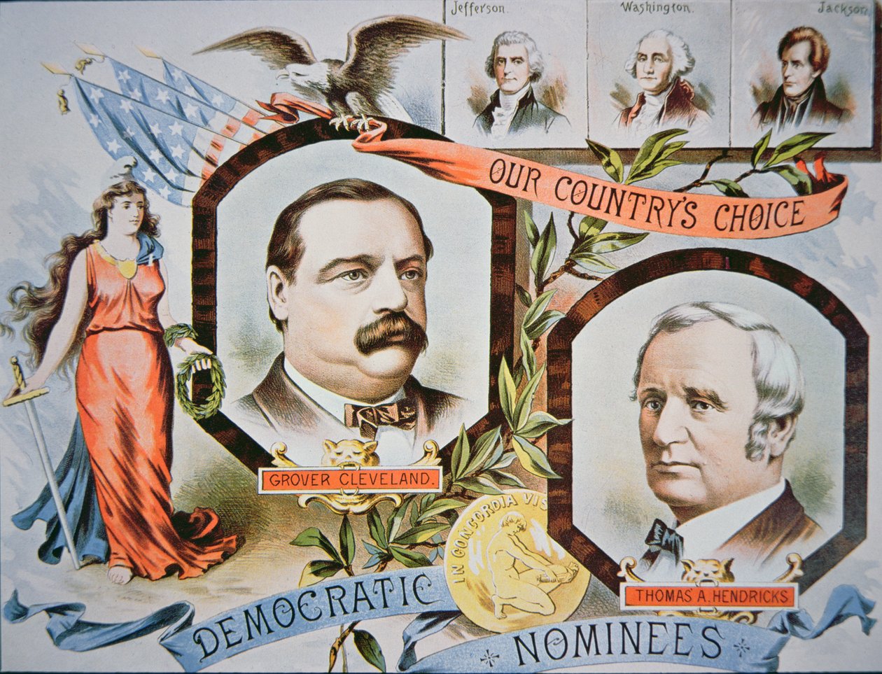 Plakát kampaně pro prezidentského kandidáta Grovera Clevelanda a kandidáta Thomase A. Hendrickse (1819-85) od American School