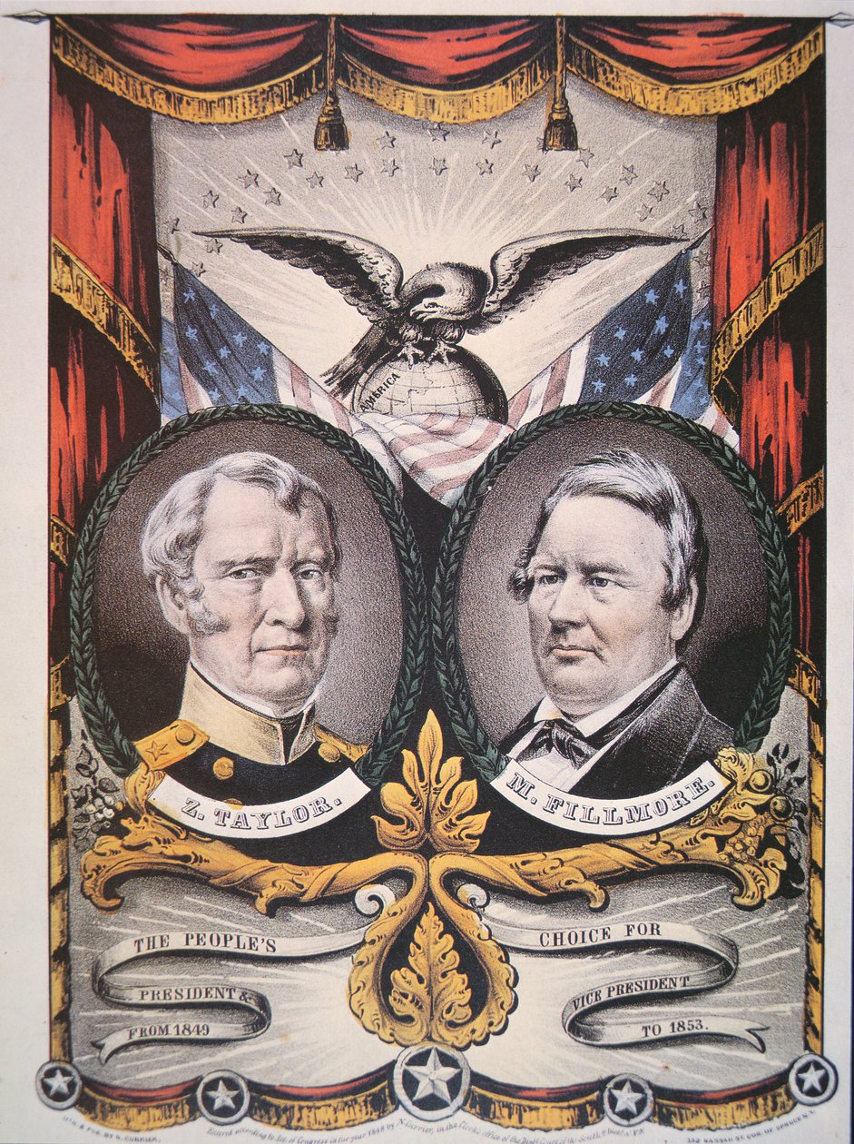 Plakát kampaně pro prezidentského kandidáta Zacharyho Taylora (1784-1850) a kandidáta na kandidátku Millarda Fillmorea (1800-74) 1848 (barevné lito) od American School