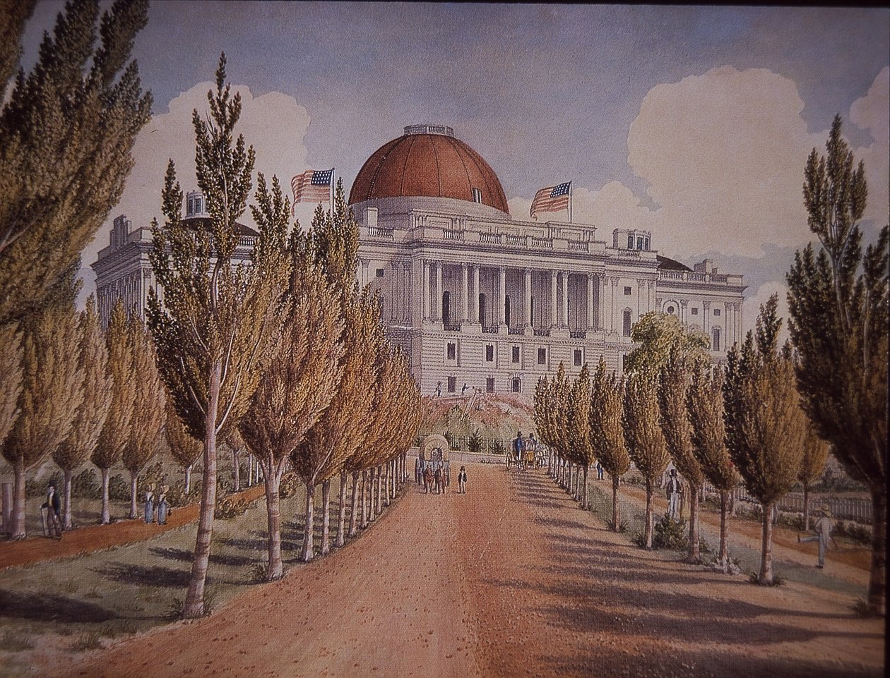 Budova Kapitolu, Washington DC, USA, cca 1845 (barevné lito) od American School