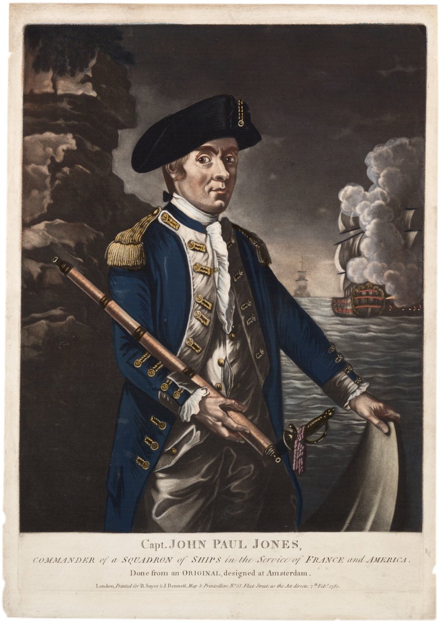 Kapitán John Paul Jones, velitel eskadry lodí ve službách Francie a Ameriky, 1780 (ručně kolorovaná mezzotinta) od American School