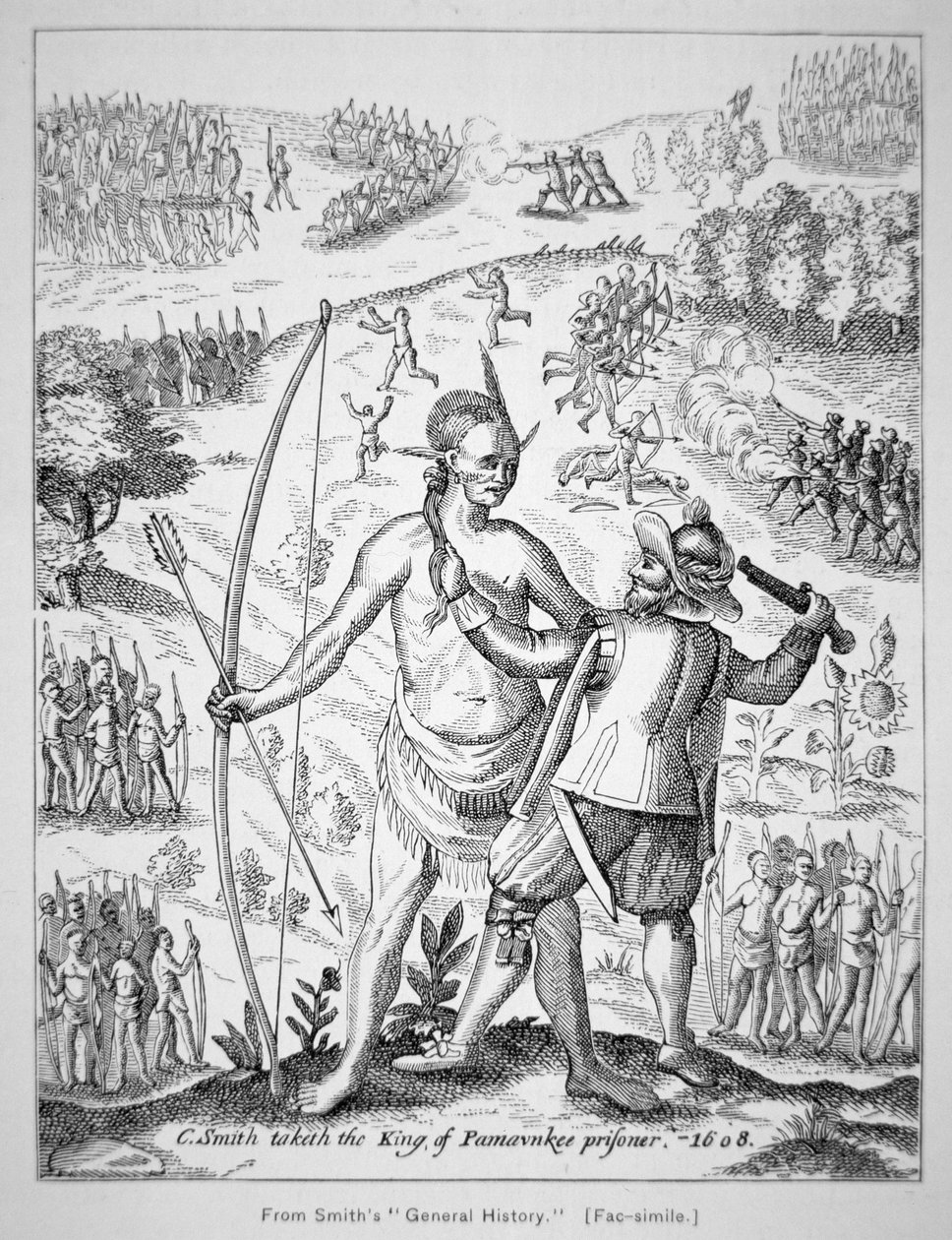 Kapitán John Smith (1580-1631) zachycující indiánského náčelníka v roce 1608 ze Smithovy „Generall Historie of Virginia, New England & the Summer Isles“ od American School