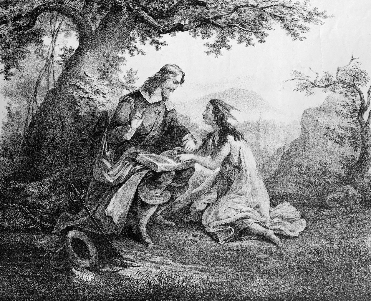 Kapitán John Smith (1580-1631) učí Pocohontas (asi 1595-1617) číst od American School