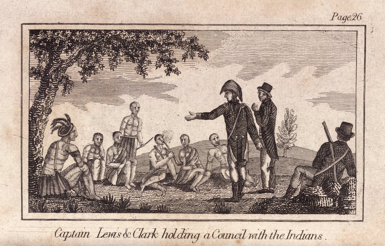 Kapitán Lewis a Clarke pořádají poradu s Indiány, hospoda. 1812 (rytina) od American School