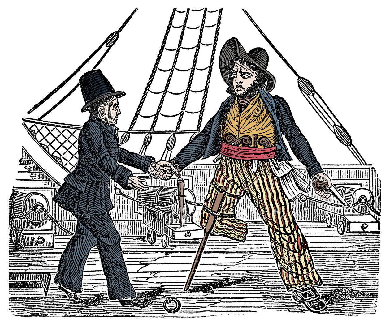 Kapitán Mackra a pirát má dřevěnou nohu Rytina z „The Pirates Own Book““ 19. století od American School