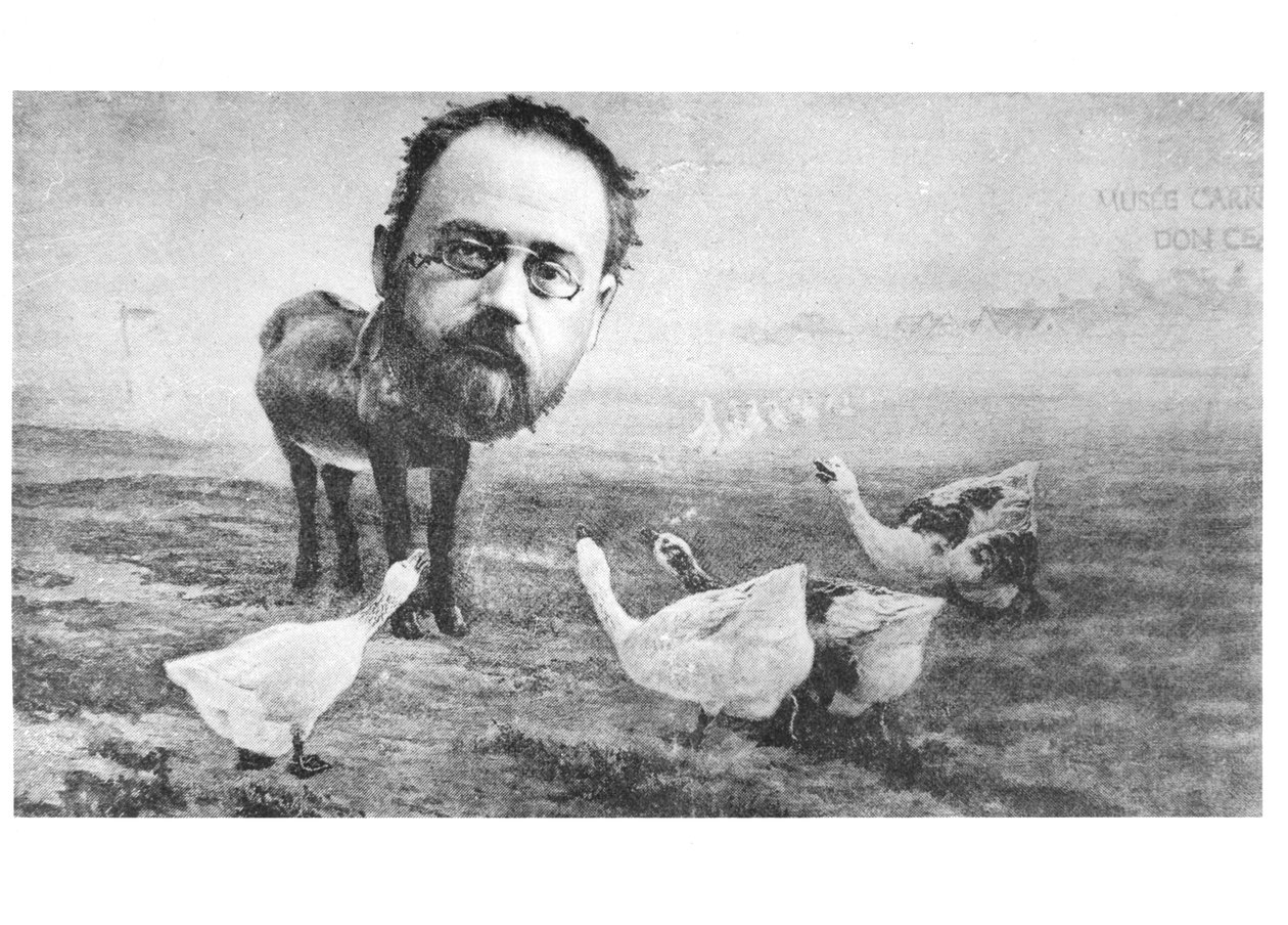 Karikatura Emila Zoly (1840-1902), osla a hus; ze života, 4. dubna 1889 od American School