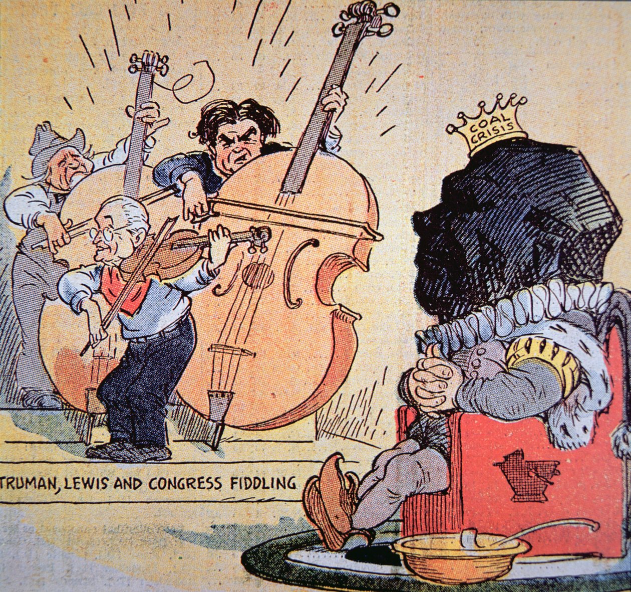Karikatura Harryho S. Trumana (1884-1972) s Johnem Llewellynem Lewisem (1880-1969) a hraním v Kongresu od American School