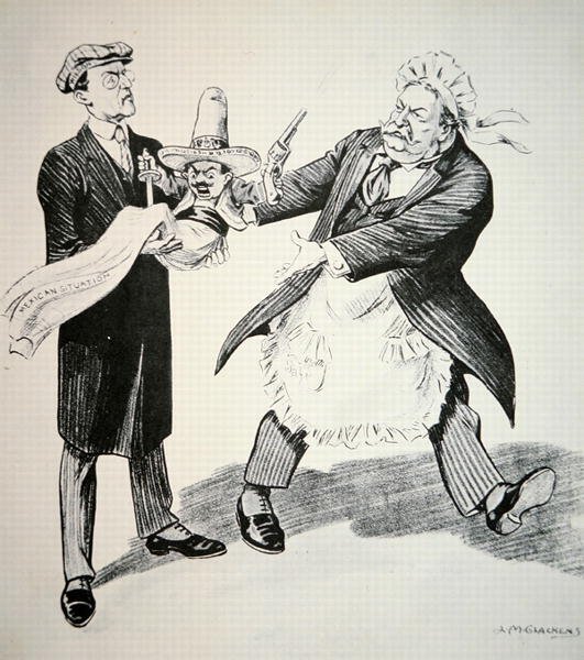Kreslený film zobrazující prezidenta Williama H. Tafta (1857-1930), jak předává problematickou „mexickou situaci“ svému nástupci prezidentu Woodrowu Wilsonovi (1856-1924) 1913 (litho) od American School