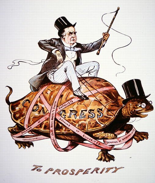 Kreslený film zobrazující prezidenta Williama Mckinleyho (1843-1901), který se snaží prosadit svou politiku prostřednictvím kongresu (barevné lito) od American School